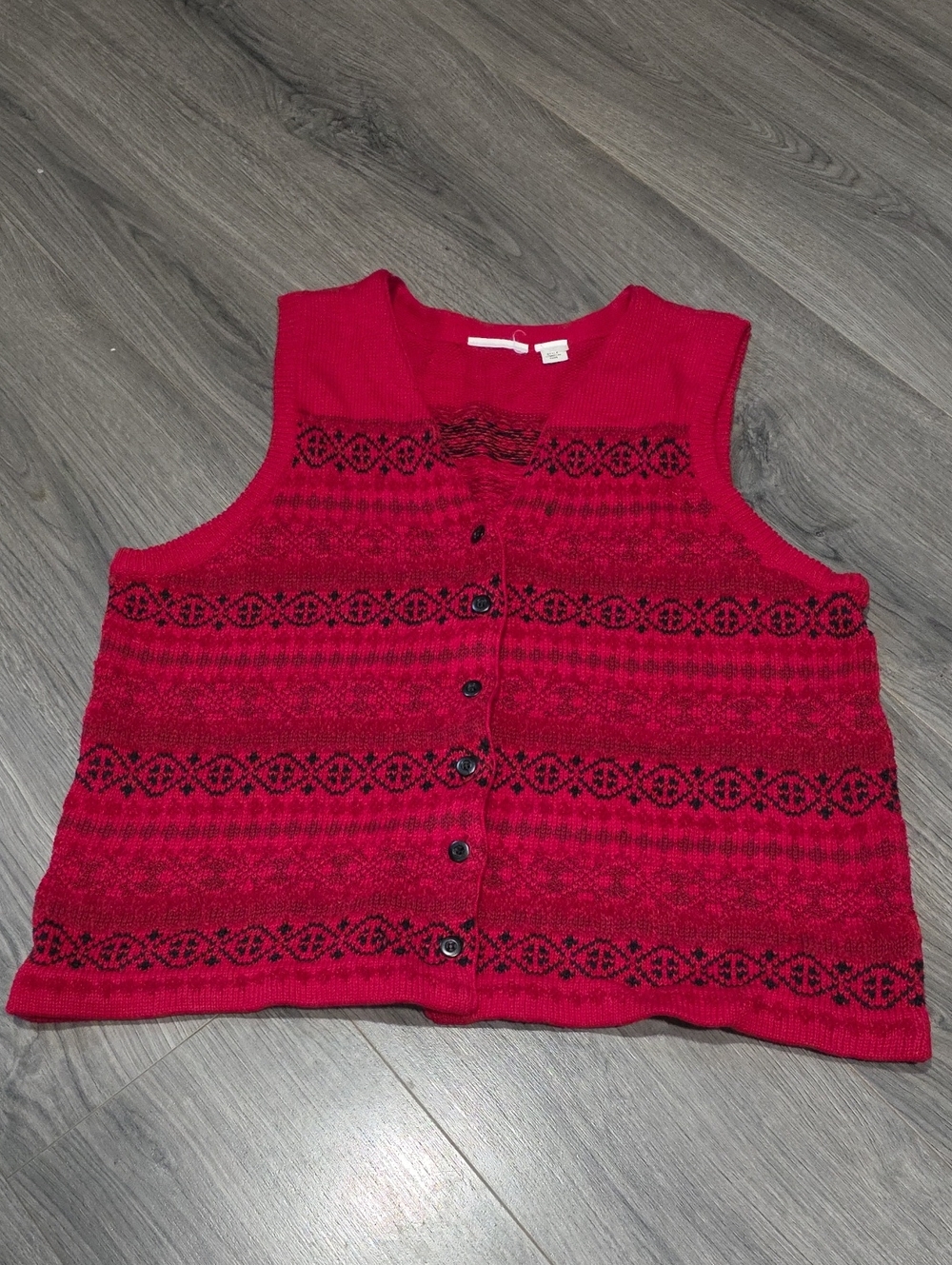 Vintage Red Patterned Thick Knit Button-Front Vest